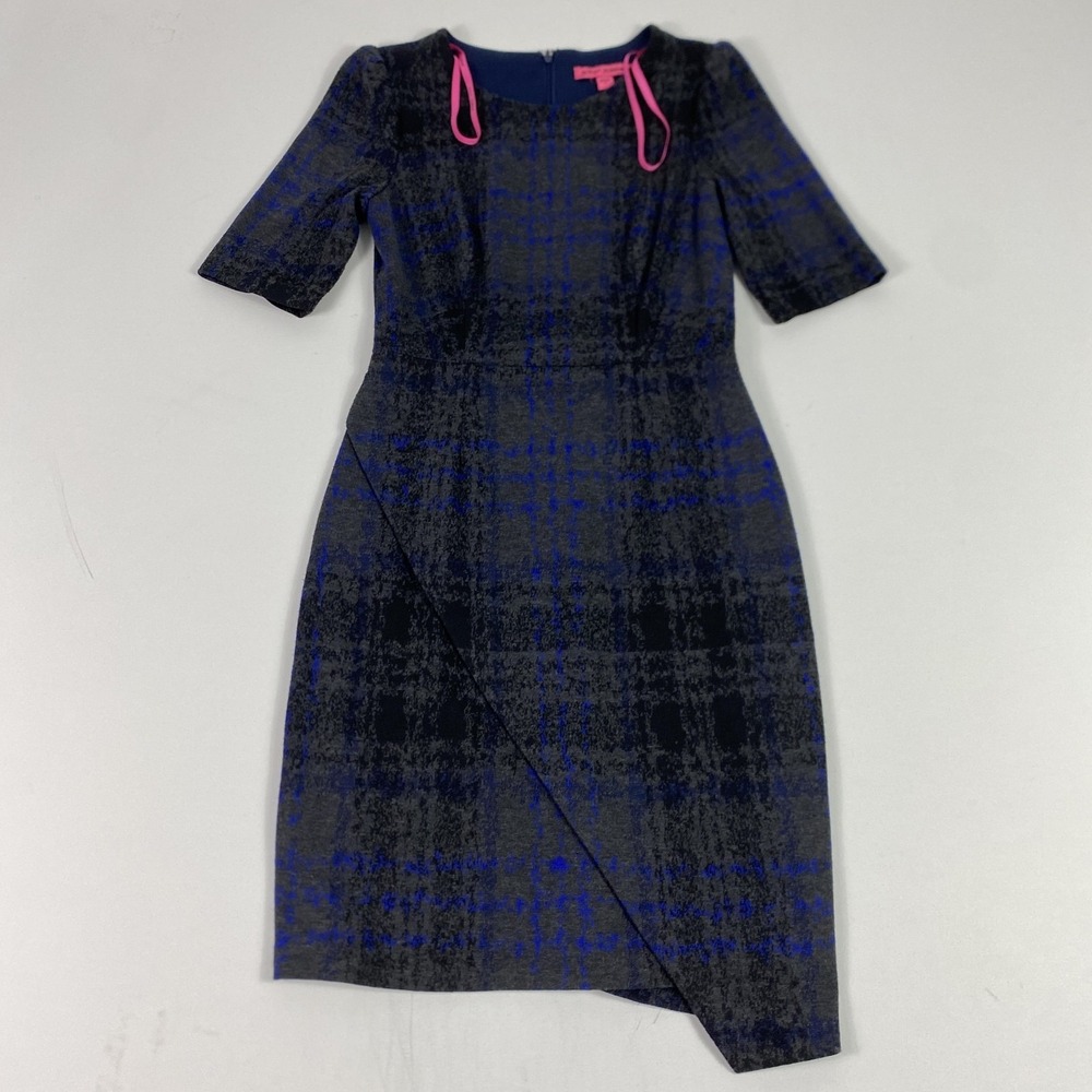 Betsey Johnson Dress Womens 2 Blue Gray‎ Plaid Sheath Asymmetrical Hem Midi